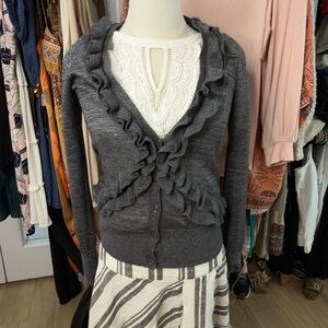J. Crew Travesa Ruffle Cardigan Gray Alpaca Blend Cottagecore Dark Academia XS
